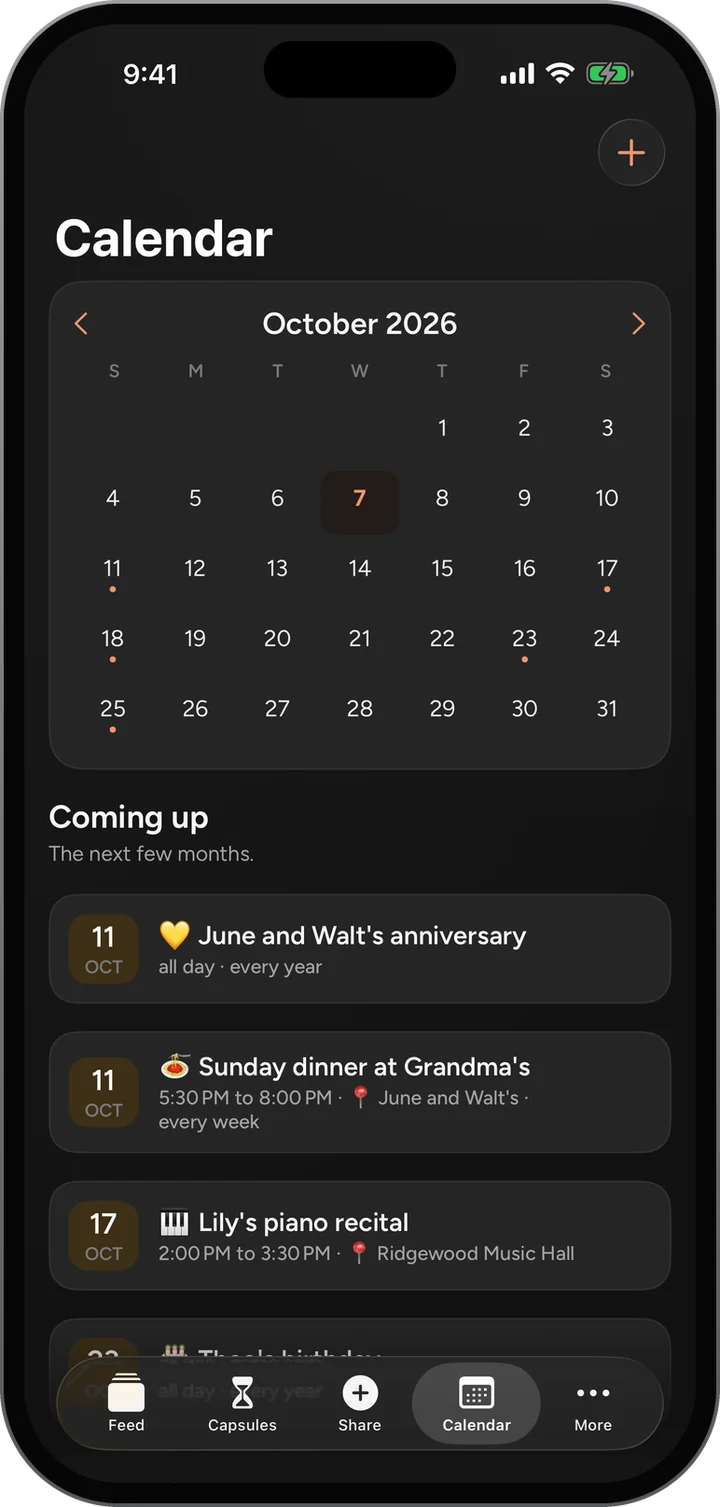 Calendar: October 2026, then Coming up: June and Walt’s anniversary, Sunday dinner at Grandma’s every week, and Lily’s piano recital.