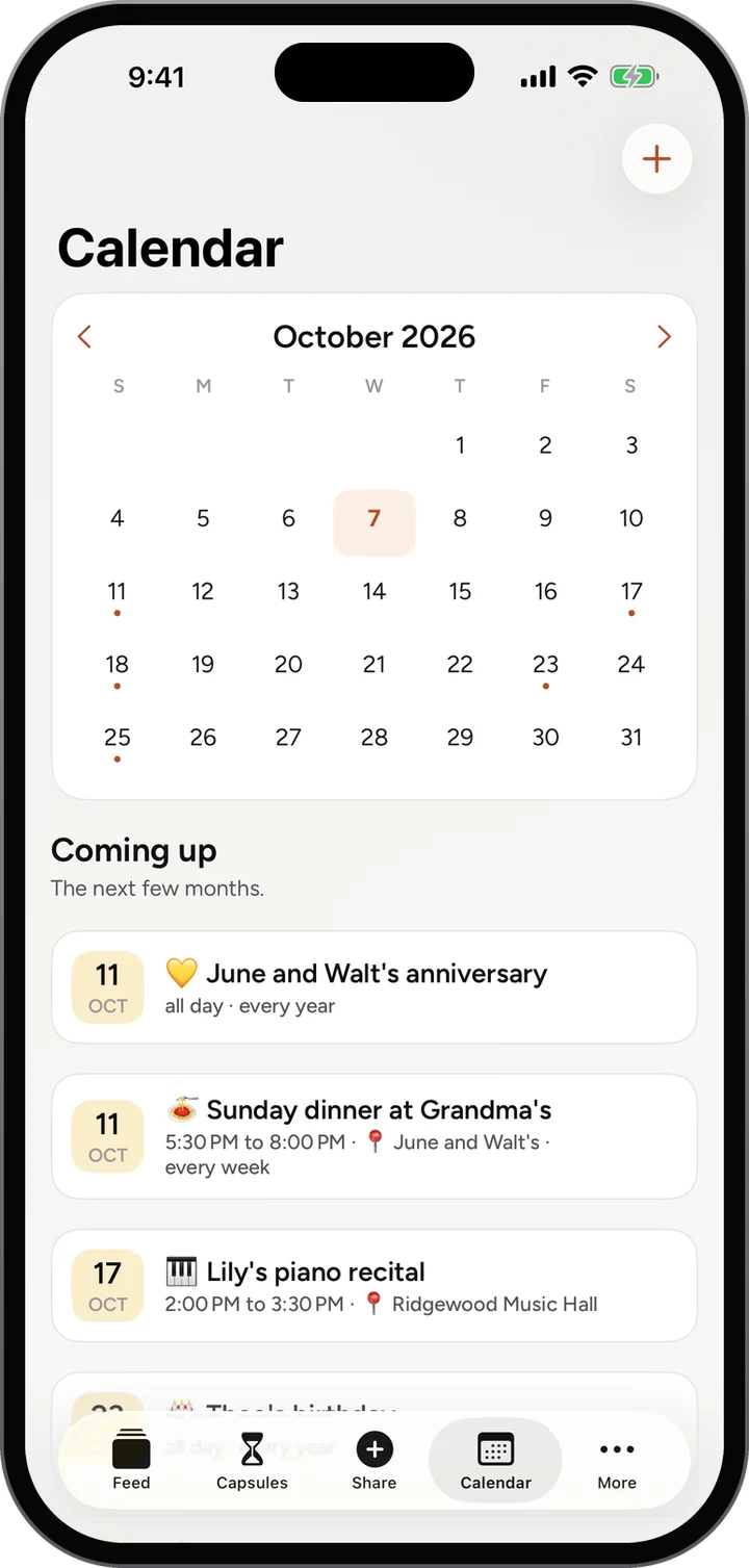 Calendar: October 2026, then Coming up: June and Walt’s anniversary, Sunday dinner at Grandma’s every week, and Lily’s piano recital.