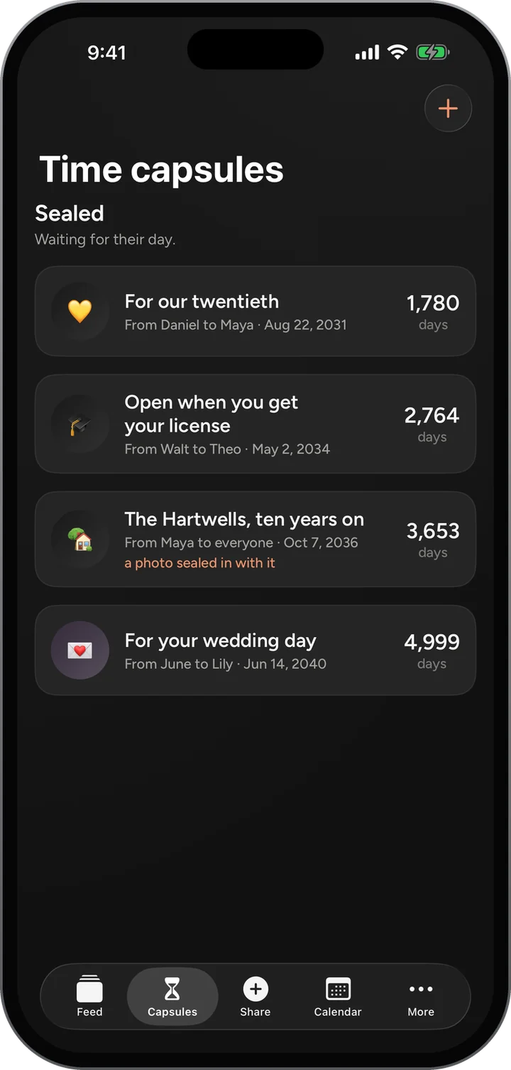 Time capsules: For our twentieth in 1,780 days, Open when you get your license, The Hartwells ten years on, and For your wedding day.