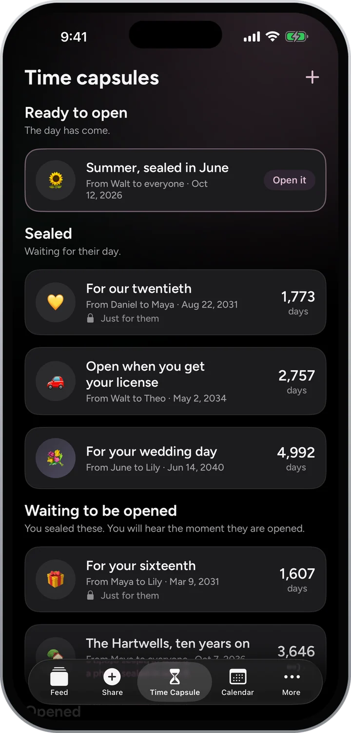 Time capsules on their shelves: Summer, sealed in June ready to open; For our twentieth, Open when you get your license and For your wedding day sealed; and For your sixteenth waiting to be opened.