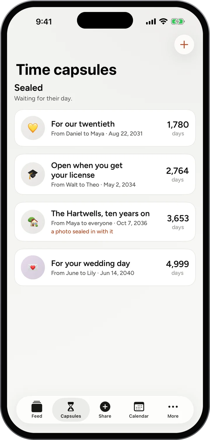 Time capsules: For our twentieth in 1,780 days, Open when you get your license, The Hartwells ten years on, and For your wedding day.