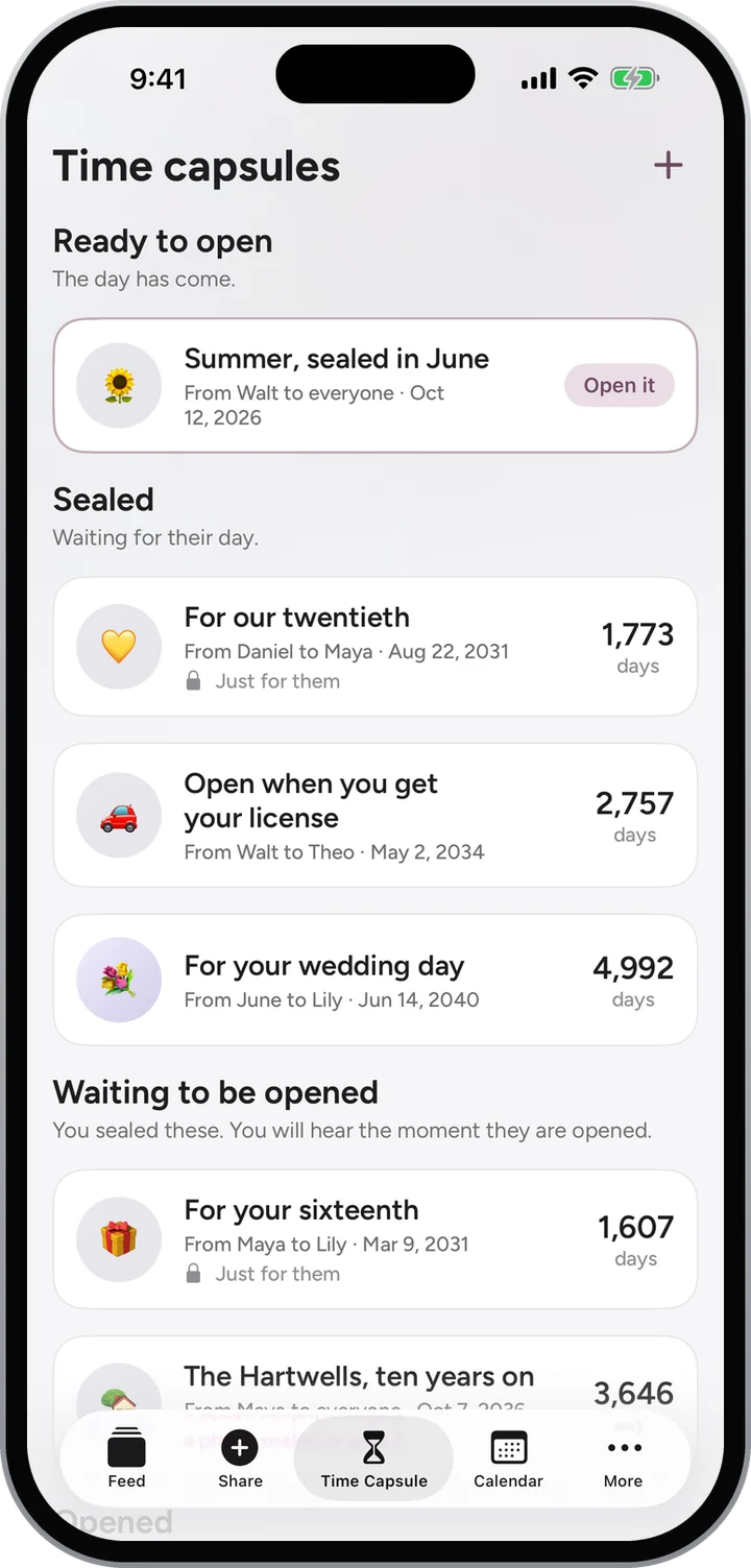 Time capsules on their shelves: Summer, sealed in June ready to open; For our twentieth, Open when you get your license and For your wedding day sealed; and For your sixteenth waiting to be opened.