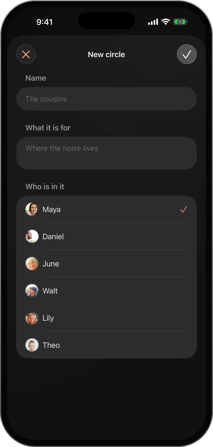 A new circle: a name, what it is for, and who is in it, ticked from the family.