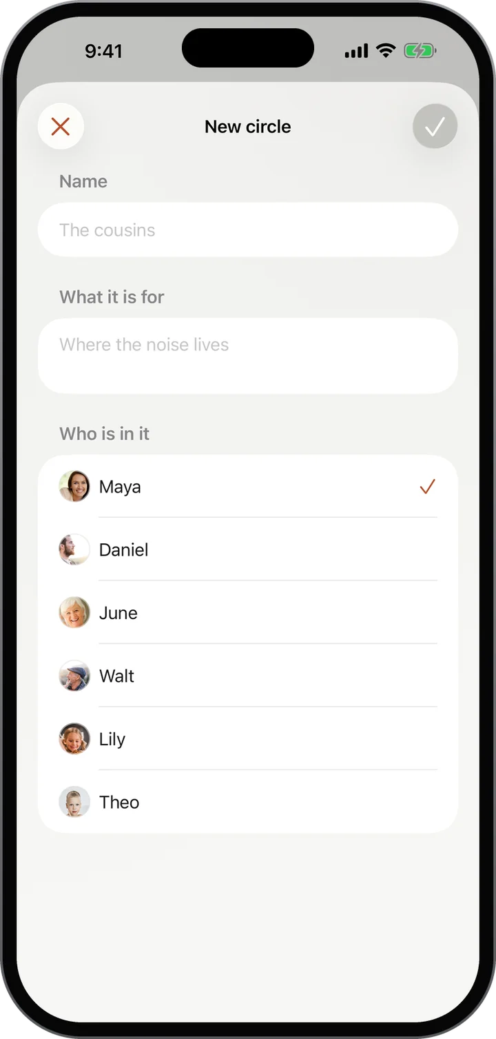 A new circle: a name, what it is for, and who is in it, ticked from the family.