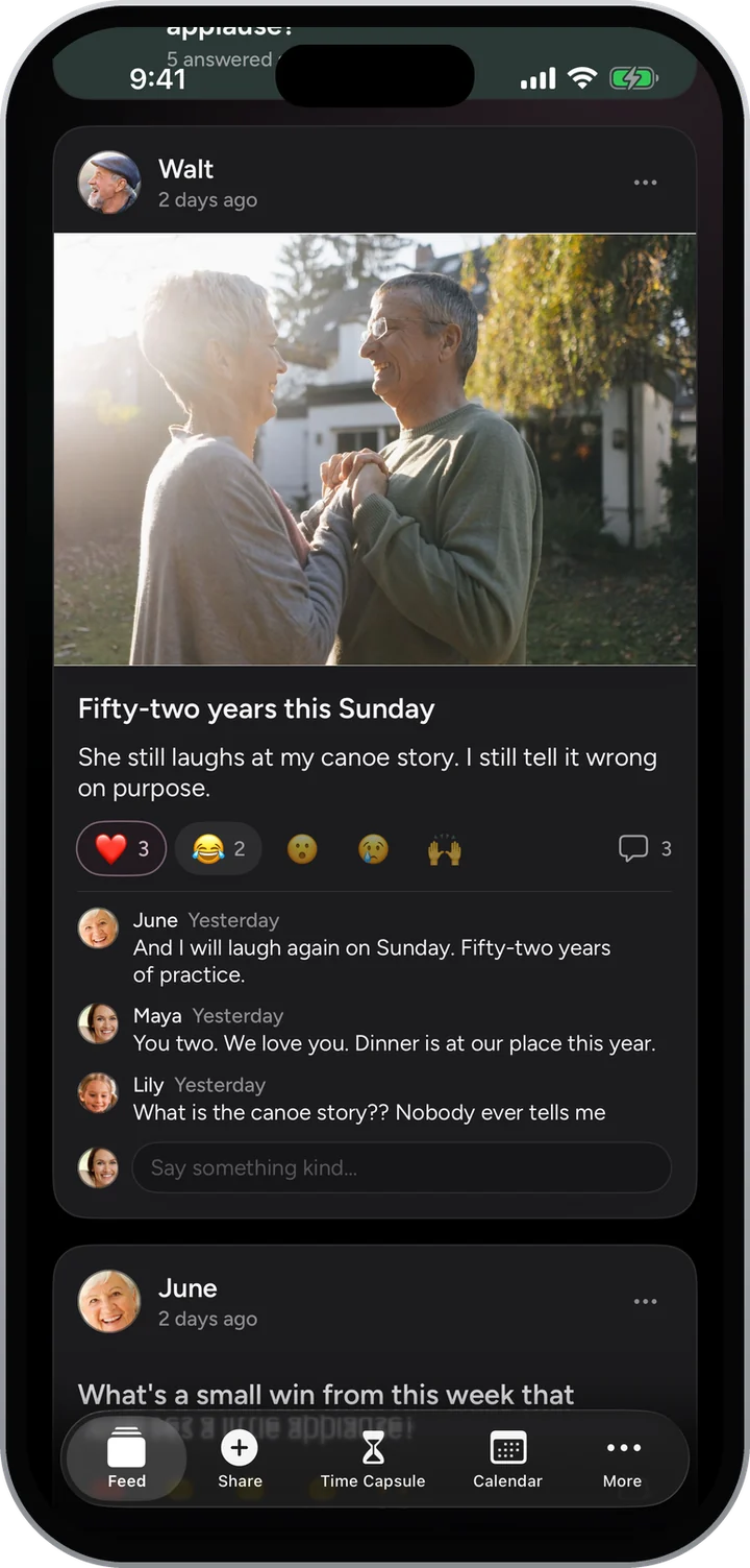 The Family Feed: Walt’s photo for their anniversary with three hearts and two laughs, and comments from June, Maya and Lily.