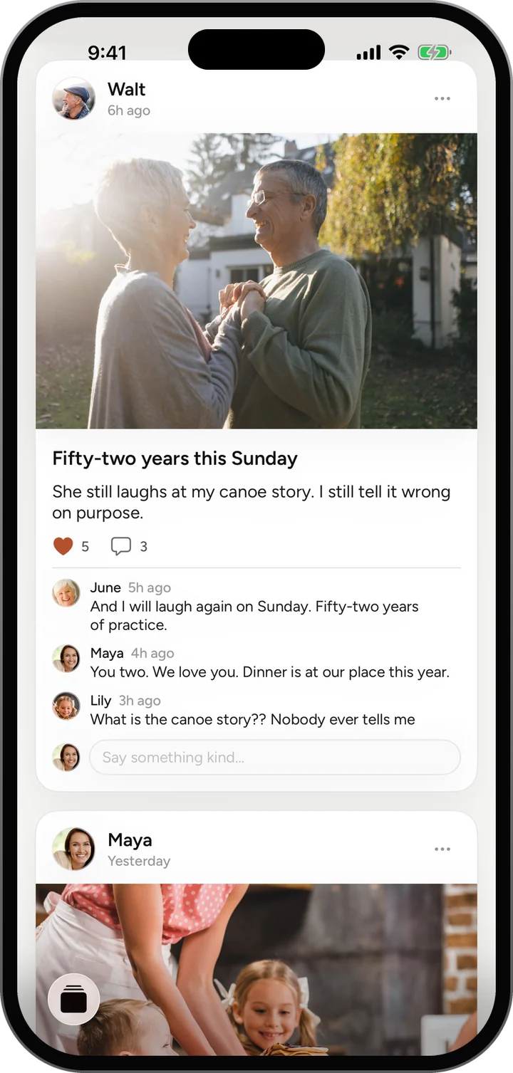 The Family Feed behind it, where the Porch opens from: a photo post with hearts and comments.