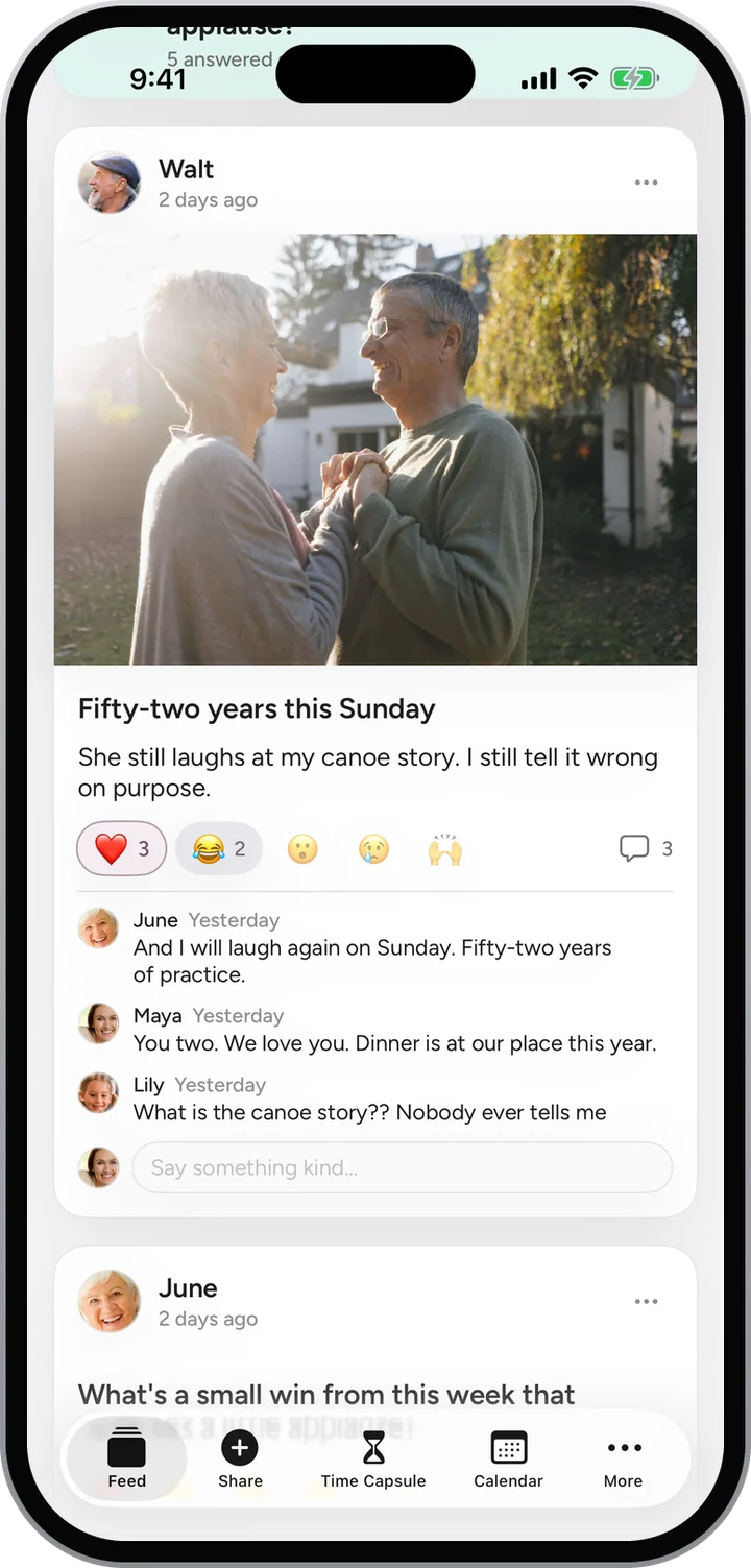 The Family Feed: Walt’s photo for their anniversary with three hearts and two laughs, and comments from June, Maya and Lily.