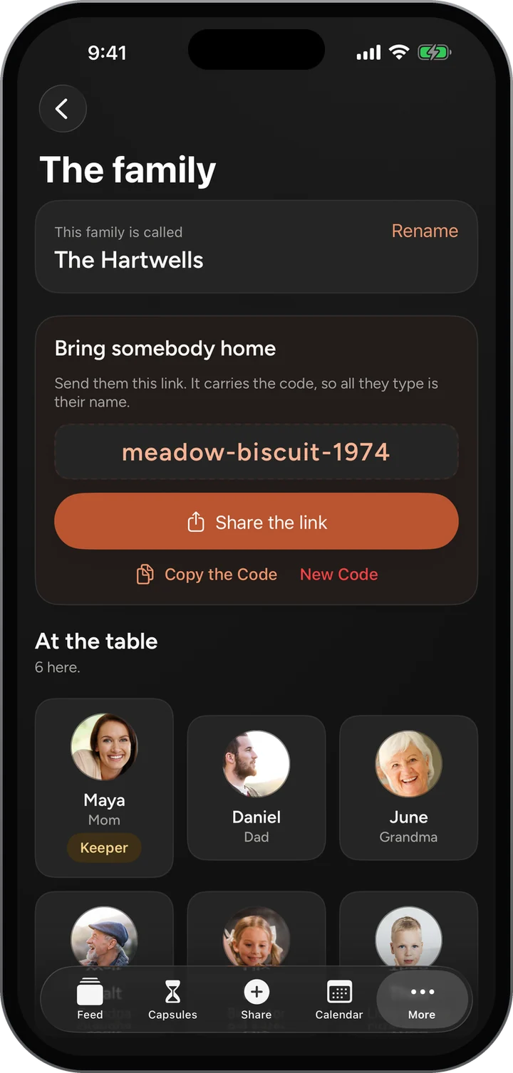 The family: The Hartwells, the invite code meadow-biscuit-1974 with Share the link and Copy the code, and six at the table.