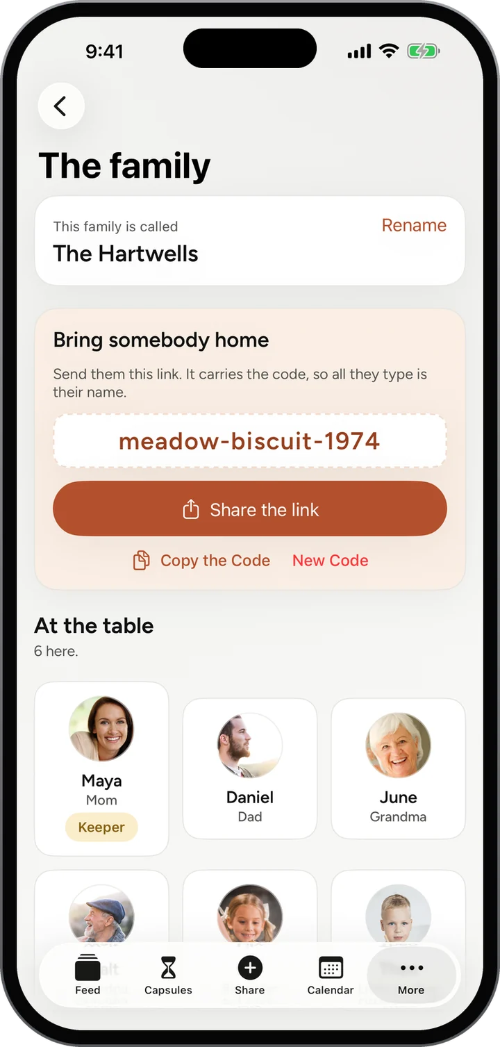 The family: The Hartwells, the invite code meadow-biscuit-1974 with Share the link and Copy the code, and six at the table.