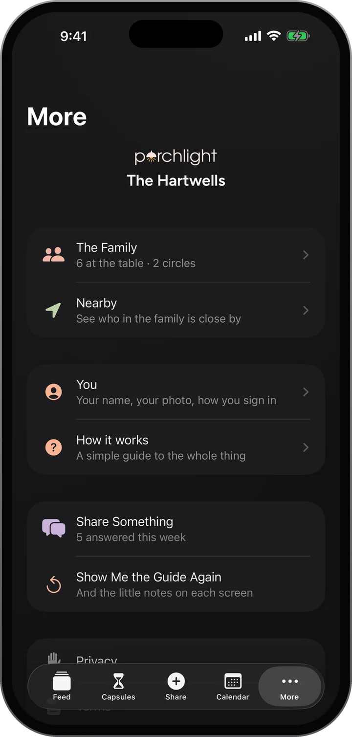 More: the family, Nearby, You, How it works, Share Something with five answered this week, and the guide.