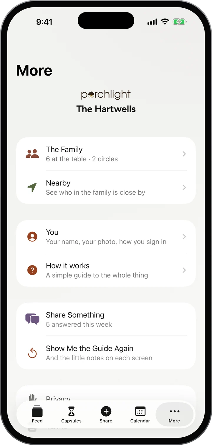 More: the family, Nearby, You, How it works, Share Something with five answered this week, and the guide.