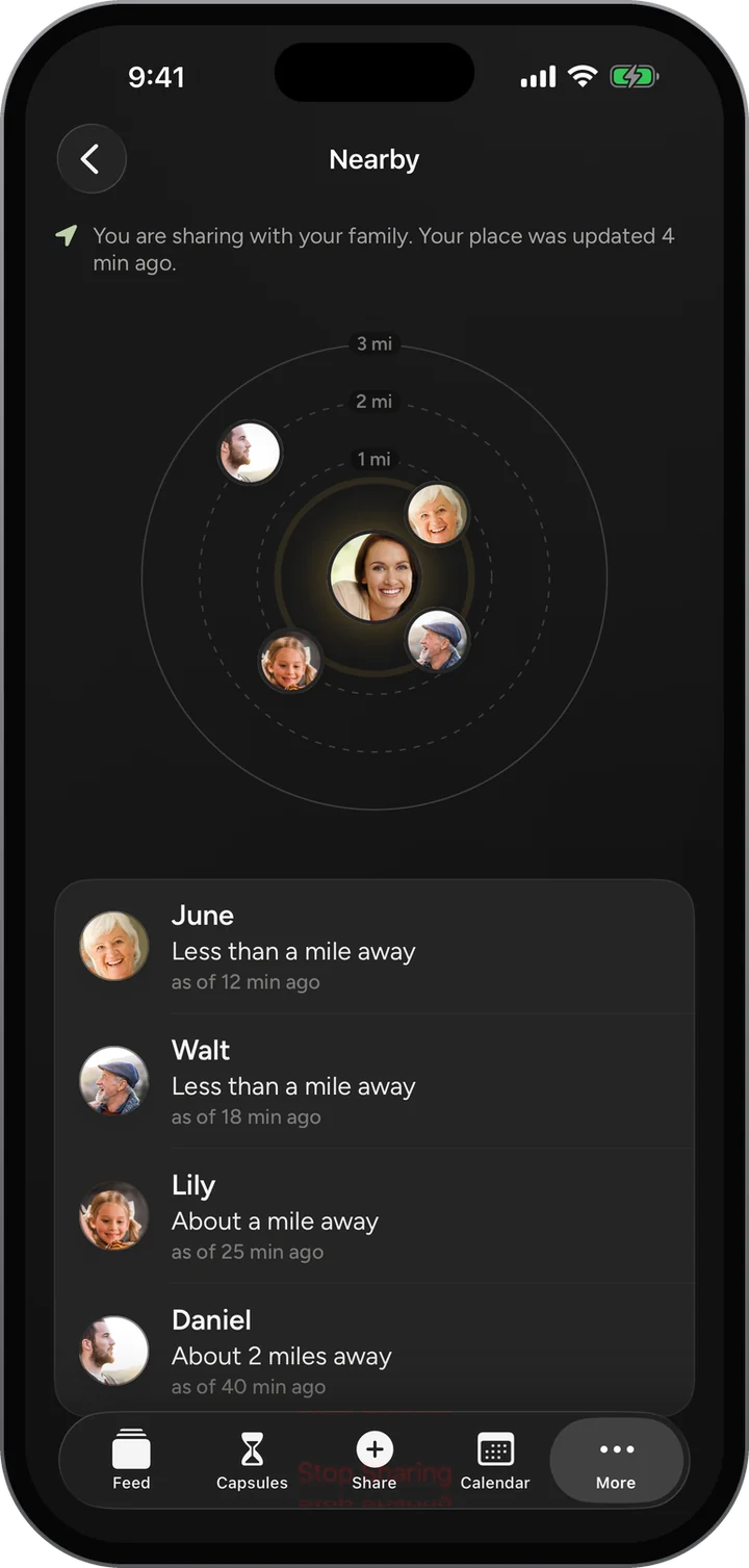 Nearby: rings at one, two and three miles with the family’s photos, and June, Walt, Lily and Daniel each as a rough distance.