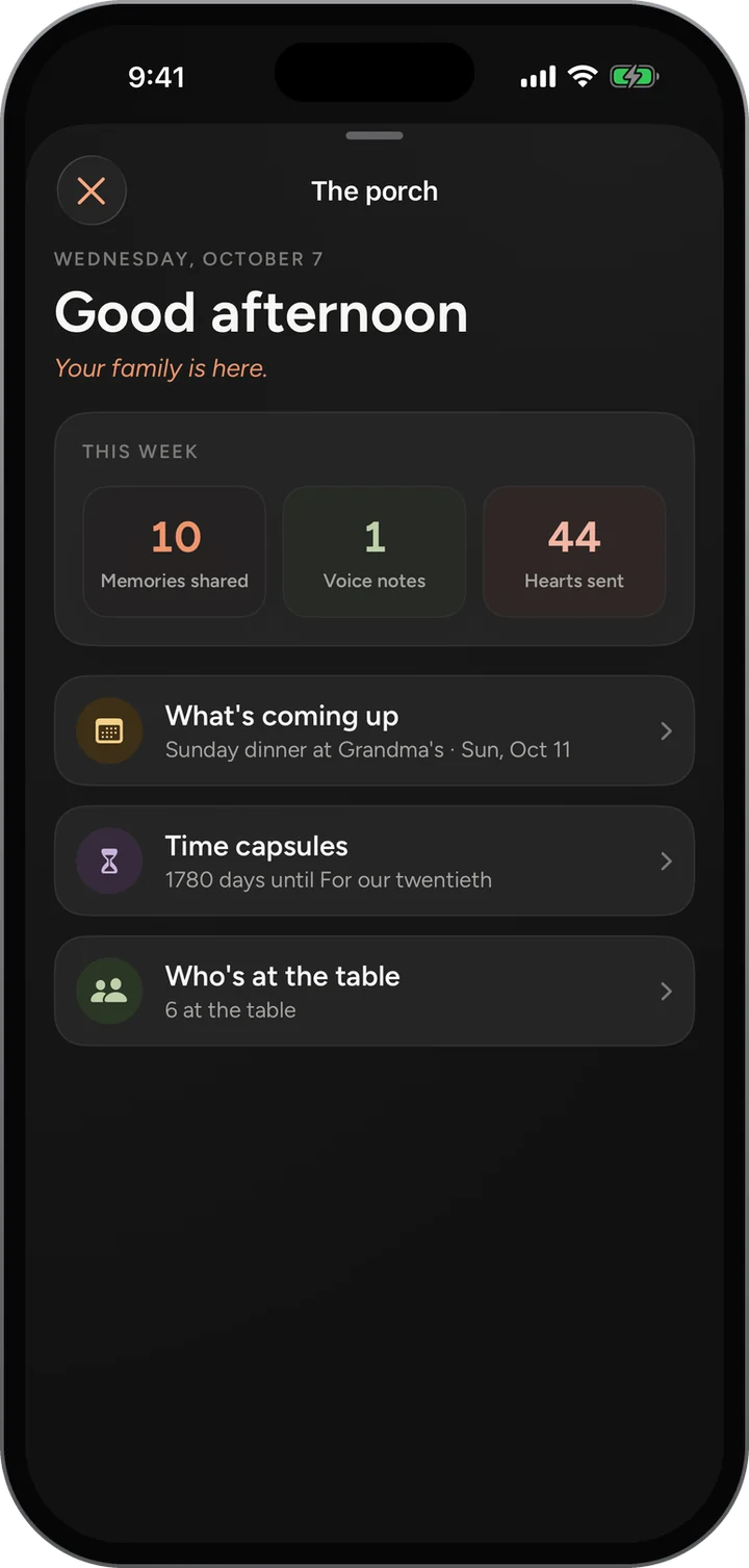 The Porch on a phone: Good afternoon, this week’s 10 memories, 1 voice note and 44 hearts, then what’s coming up, time capsules and who’s at the table.