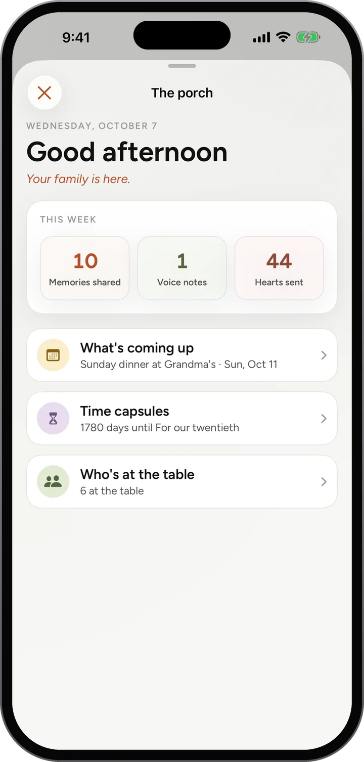 The Porch on a phone: Good afternoon, this week’s 10 memories, 1 voice note and 44 hearts, then what’s coming up, time capsules and who’s at the table.