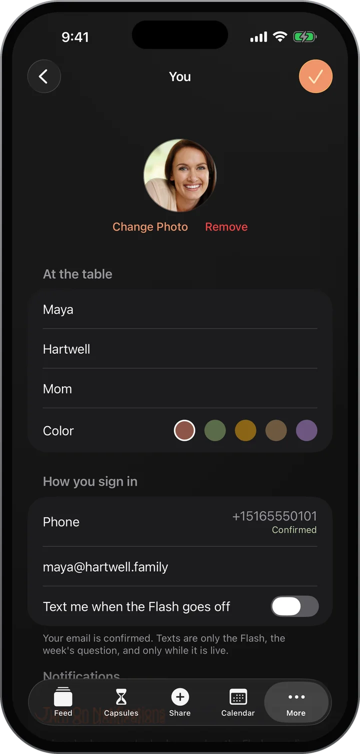 You: your photo, name and color, how you sign in, and Text me when the Flash goes off.