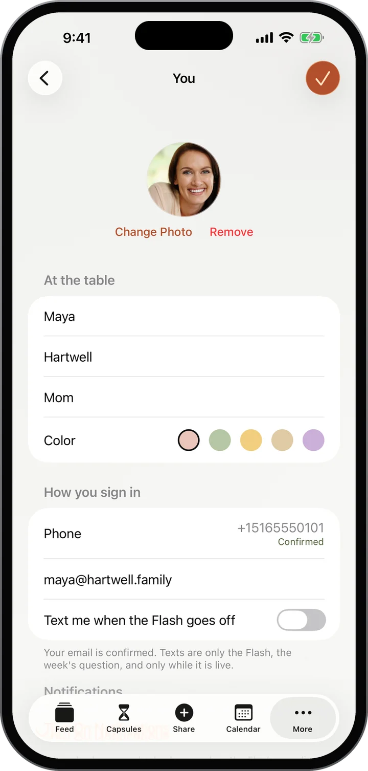 You: your photo, name and color, how you sign in, and Text me when the Flash goes off.