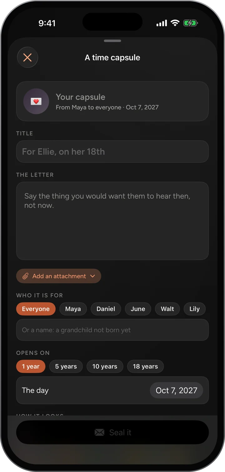 A time capsule: the title, the letter, an attachment, who it is for, and when it opens, in 1, 5, 10 or 18 years.