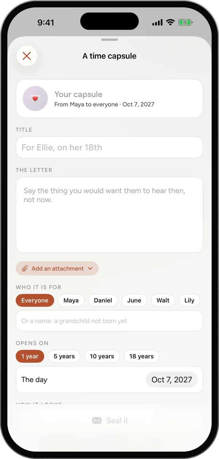 A time capsule: the title, the letter, an attachment, who it is for, and when it opens, in 1, 5, 10 or 18 years.