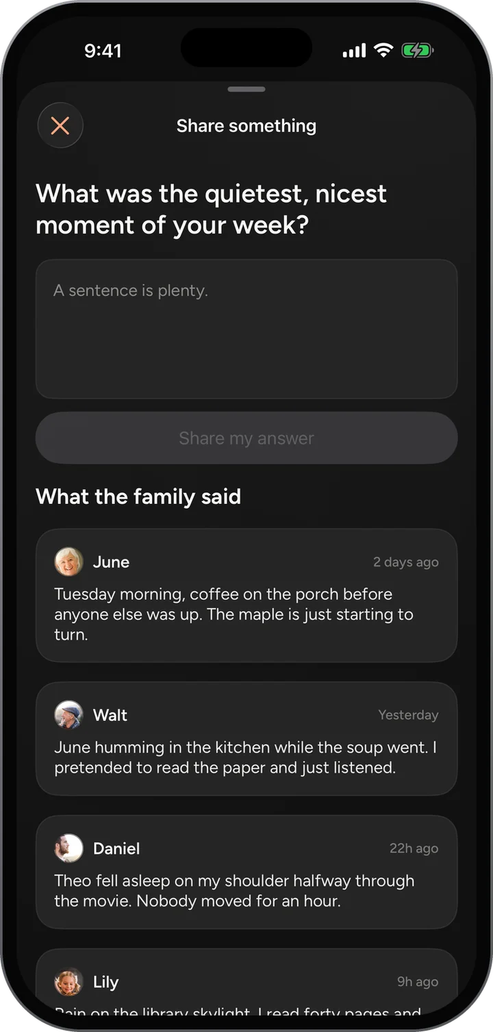 Share Something: What was the quietest, nicest moment of your week? with answers from June, Walt and Daniel.